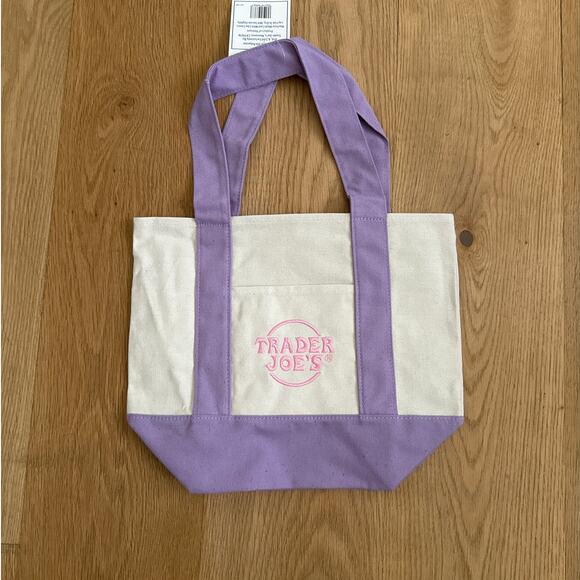 Trader Joe’s - Mini Tote Shopping Bag in Purple Beige & Pink - Picture 2 of 2